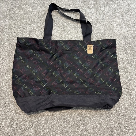 PINK Victoria's Secret Tote Bag Black Rainbow Reusable Travel 16X21 Inch Zipper - Picture 1 of 6